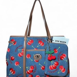 Steve Madden Blue Cherry Tote Bag with Matching Pouch